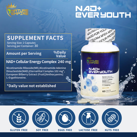 Nature Empire NAD+ EVER YOUTH – Cellular Renewal Supplement with Nicotinamide Riboside (NR) & NAD+, Antioxidant Support for Energy & Longevity, 60 Vegan Capsules