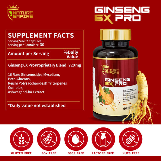 Nature Empire Ginseng 6X Pro - 16 Rare Ginsenosides & Reishi Mushroom Complex, Immune Support Supplement with Maitake Beta-Glucans, Herbal Energy Booster, 60 Vegetarian Capsules