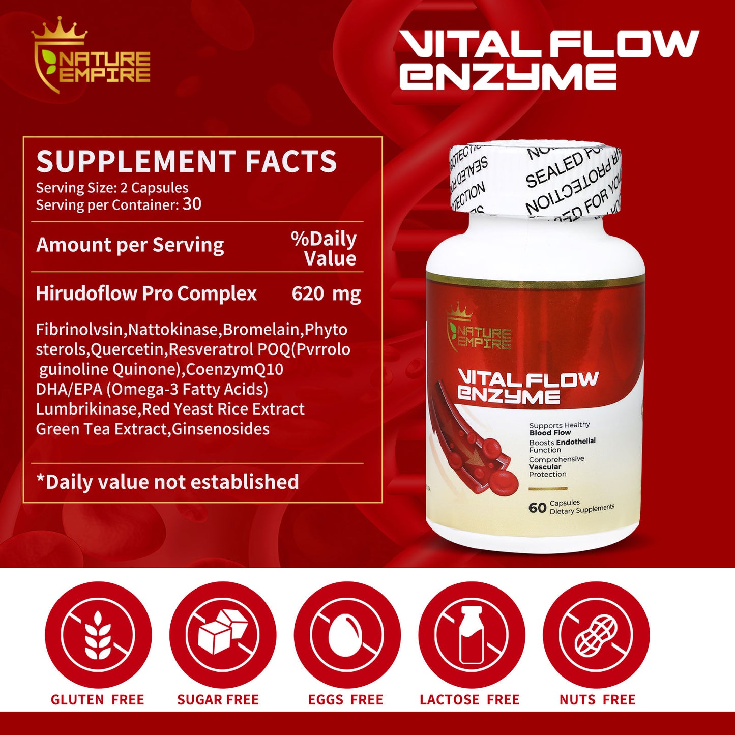 Nature Empire Vital Flow Enzyme - Circulatory Support Supplement with Nattokinase & Omega-3, Vascular Health Formula for Blood Flow & Endothelial Function, 60 Vegan Capsules