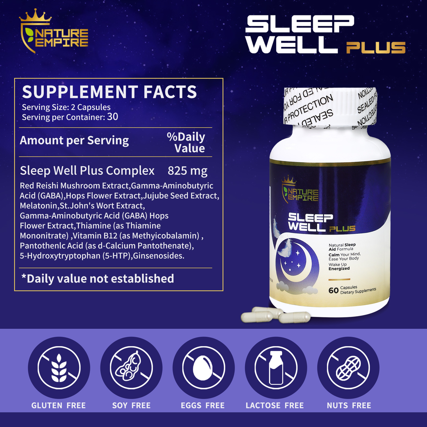Nature Empire Sleep Well Plus - Natural Sleep Aid with Melatonin & Reishi Mushroom, Non-Habit Formula for Relaxation, 60 Vegetarian Capsules