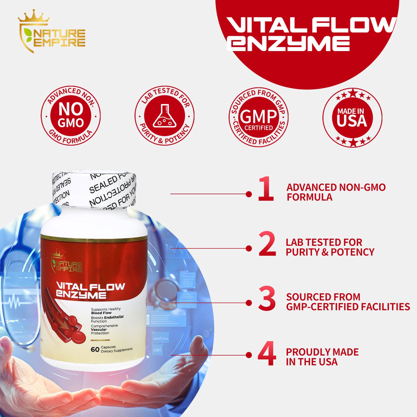 Nature Empire Vital Flow Enzyme - Circulatory Support Supplement with Nattokinase & Omega-3, Vascular Health Formula for Blood Flow & Endothelial Function, 60 Vegan Capsules