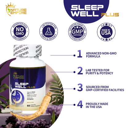 Nature Empire Sleep Well Plus - Natural Sleep Aid with Melatonin & Reishi Mushroom, Non-Habit Formula for Relaxation, 60 Vegetarian Capsules