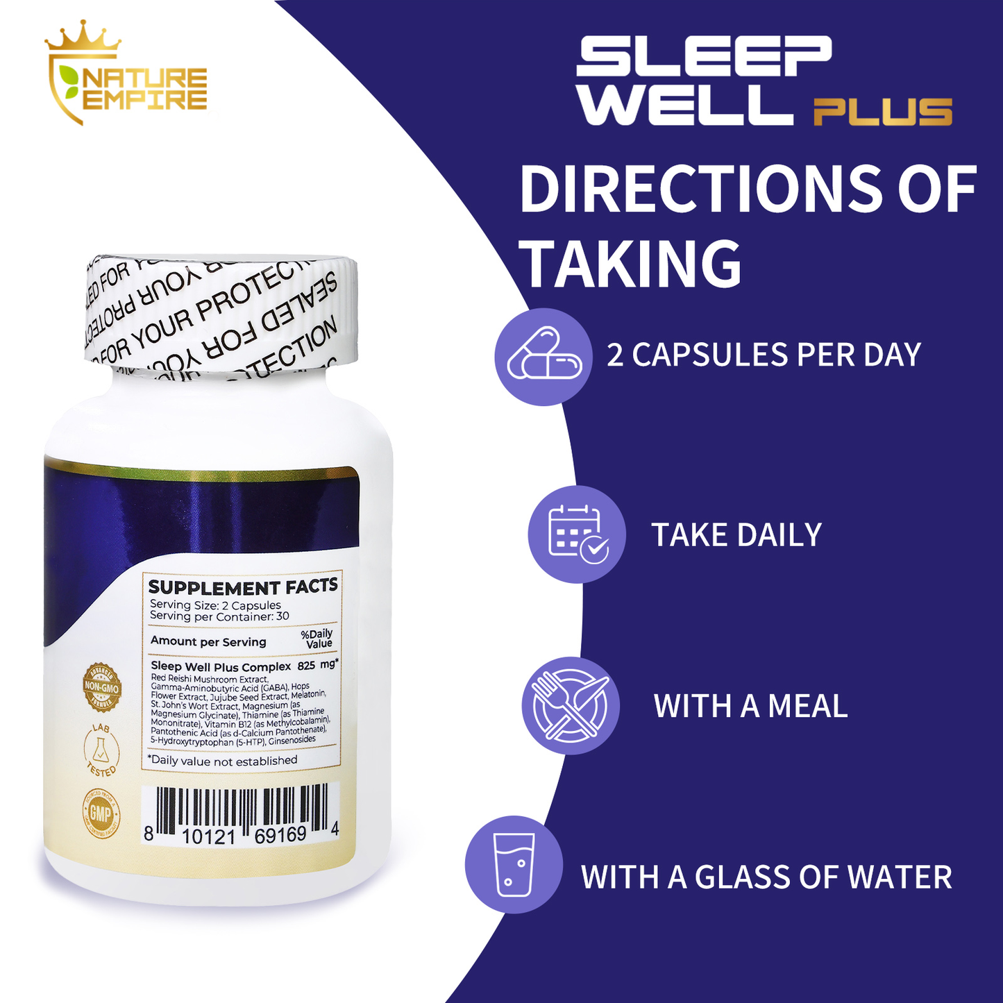 Nature Empire Sleep Well Plus - Natural Sleep Aid with Melatonin & Reishi Mushroom, Non-Habit Formula for Relaxation, 60 Vegetarian Capsules