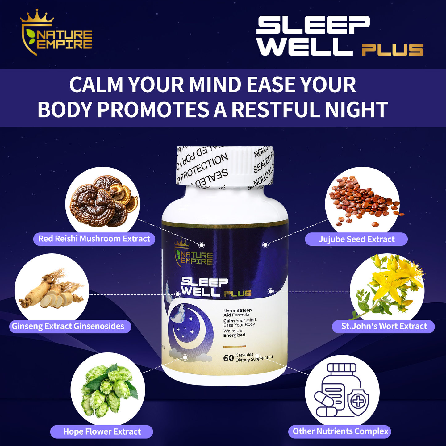Nature Empire Sleep Well Plus - Natural Sleep Aid with Melatonin & Reishi Mushroom, Non-Habit Formula for Relaxation, 60 Vegetarian Capsules