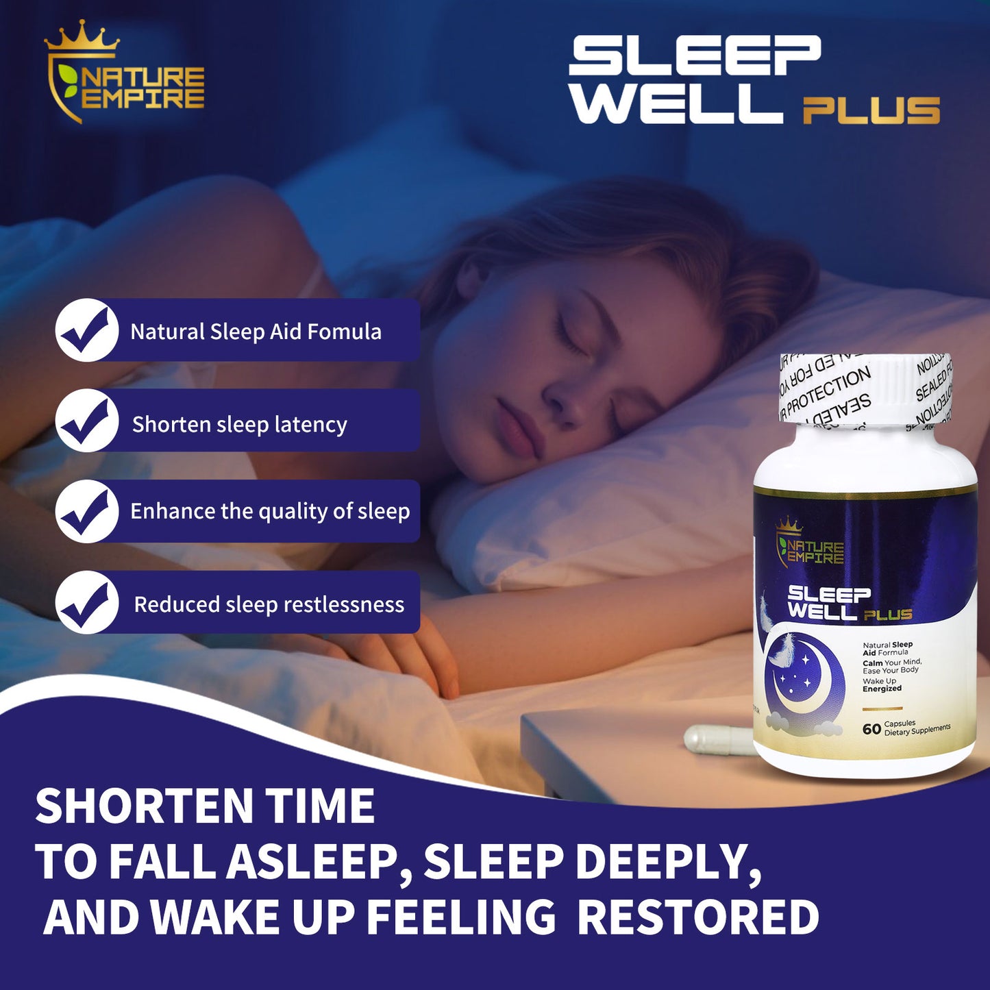 Nature Empire Sleep Well Plus - Natural Sleep Aid with Melatonin & Reishi Mushroom, Non-Habit Formula for Relaxation, 60 Vegetarian Capsules