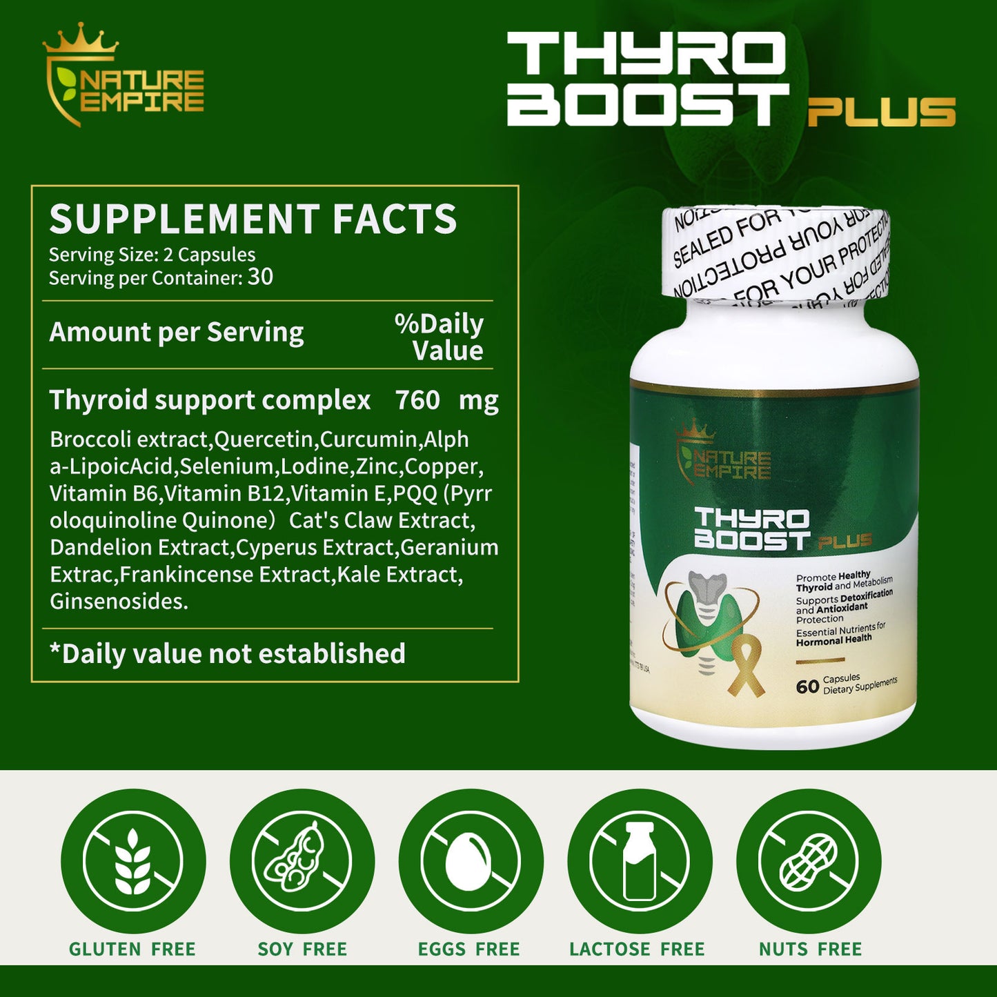 Nature Empire Thyro Boost Plus - Thyroid Support Supplement with Selenium & Iodine, Metabolism & Detox Blend, 60 Vegan Capsules