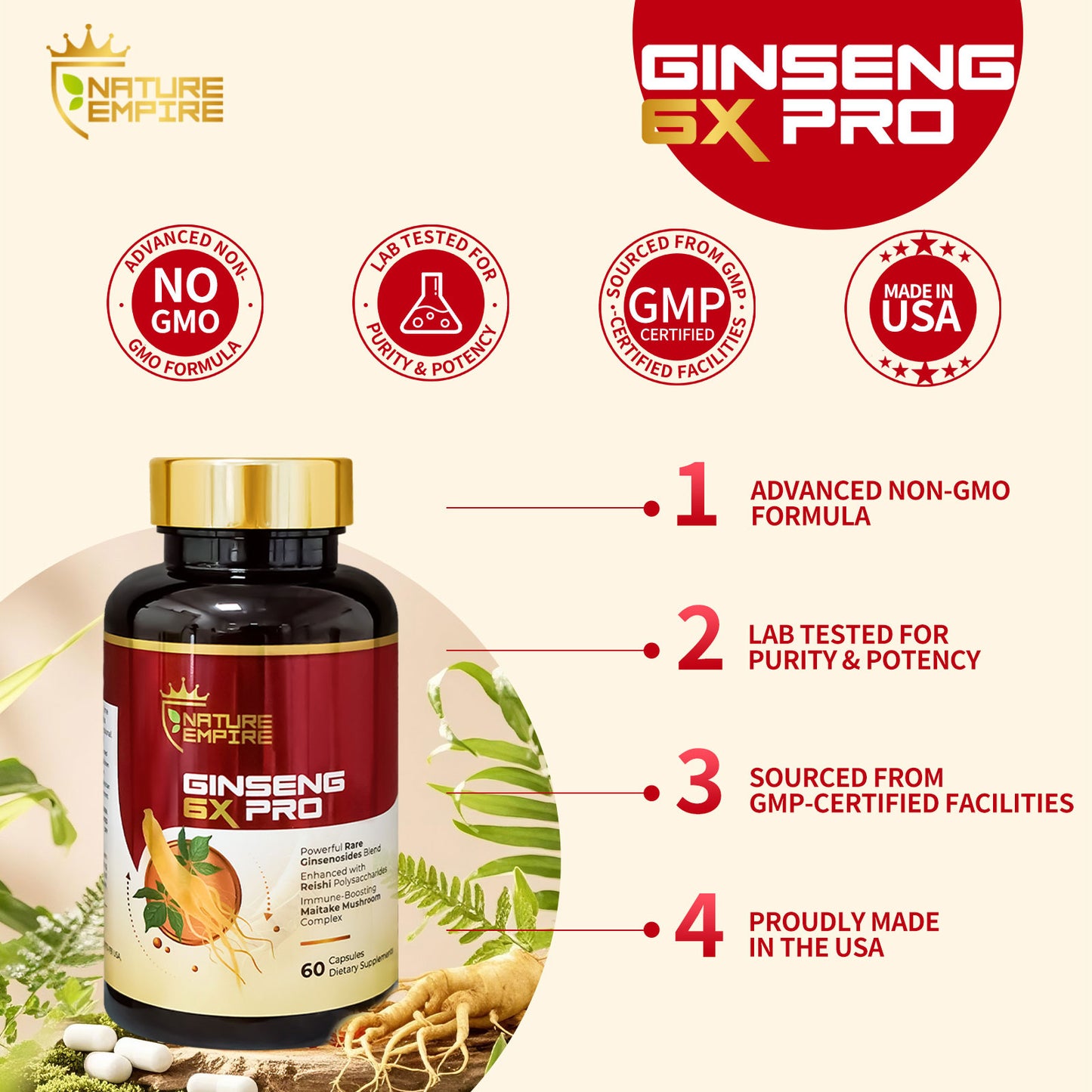 Nature Empire Ginseng 6X Pro - 16 Rare Ginsenosides & Reishi Mushroom Complex, Immune Support Supplement with Maitake Beta-Glucans, Herbal Energy Booster, 60 Vegetarian Capsules