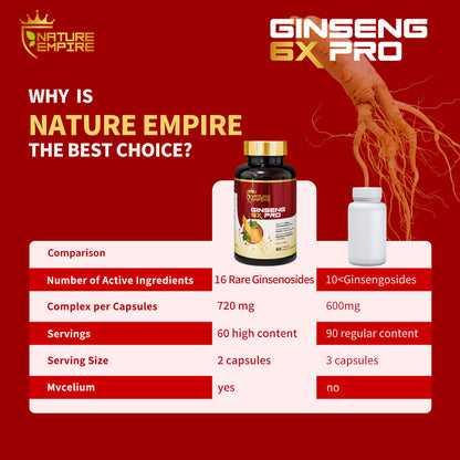 Nature Empire Ginseng 6X Pro - 16 Rare Ginsenosides & Reishi Mushroom Complex, Immune Support Supplement with Maitake Beta-Glucans, Herbal Energy Booster, 60 Vegetarian Capsules