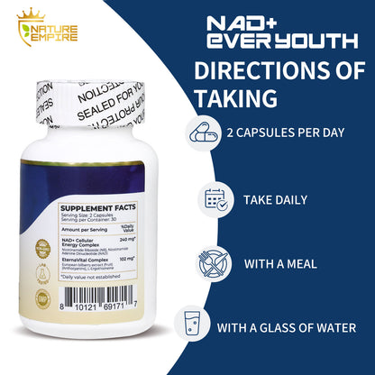 Nature Empire NAD+ EVER YOUTH – Cellular Renewal Supplement with Nicotinamide Riboside (NR) & NAD+, Antioxidant Support for Energy & Longevity, 60 Vegan Capsules