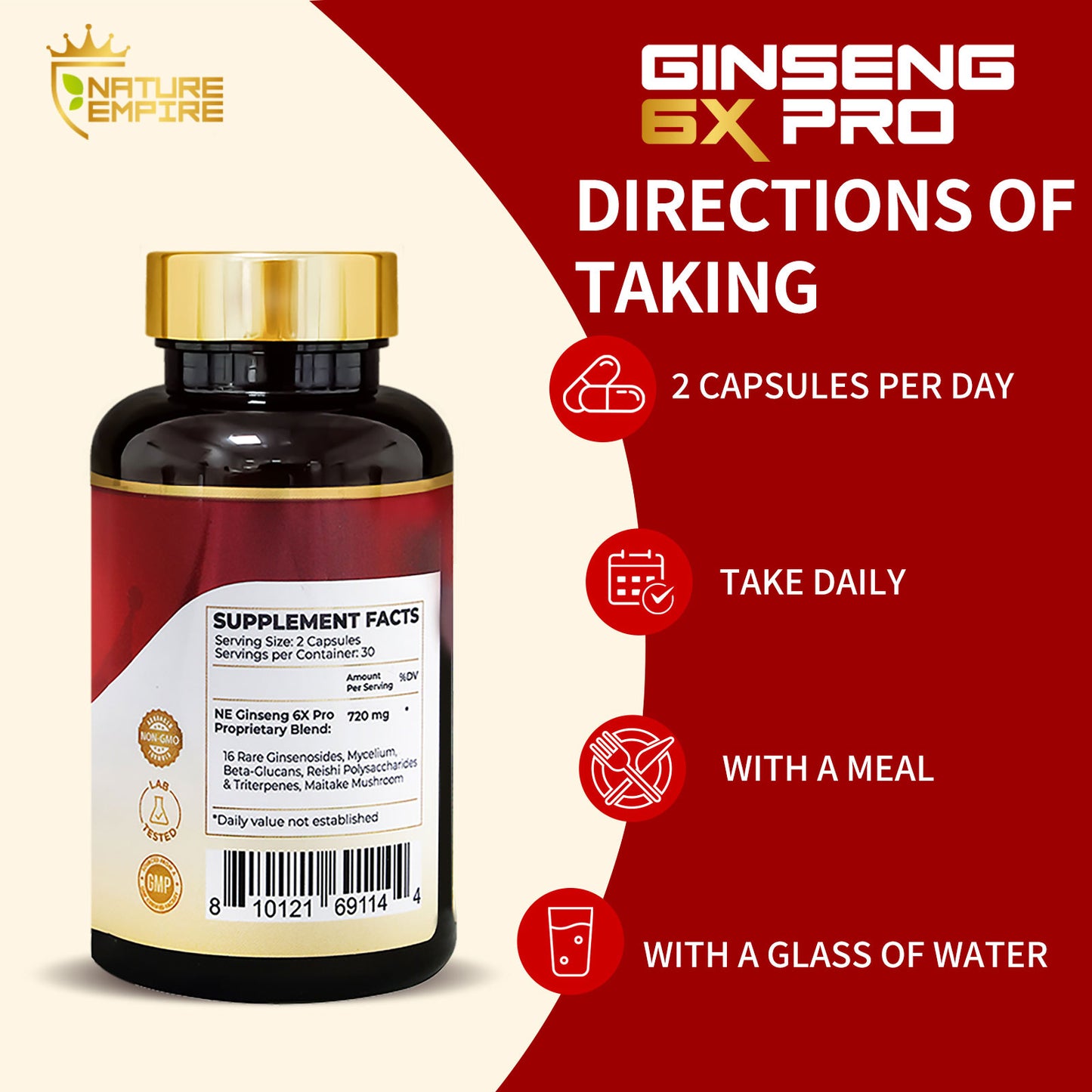 Nature Empire Ginseng 6X Pro - 16 Rare Ginsenosides & Reishi Mushroom Complex, Immune Support Supplement with Maitake Beta-Glucans, Herbal Energy Booster, 60 Vegetarian Capsules