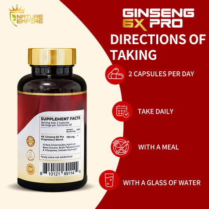 Nature Empire Ginseng 6X Pro - 16 Rare Ginsenosides & Reishi Mushroom Complex, Immune Support Supplement with Maitake Beta-Glucans, Herbal Energy Booster, 60 Vegetarian Capsules