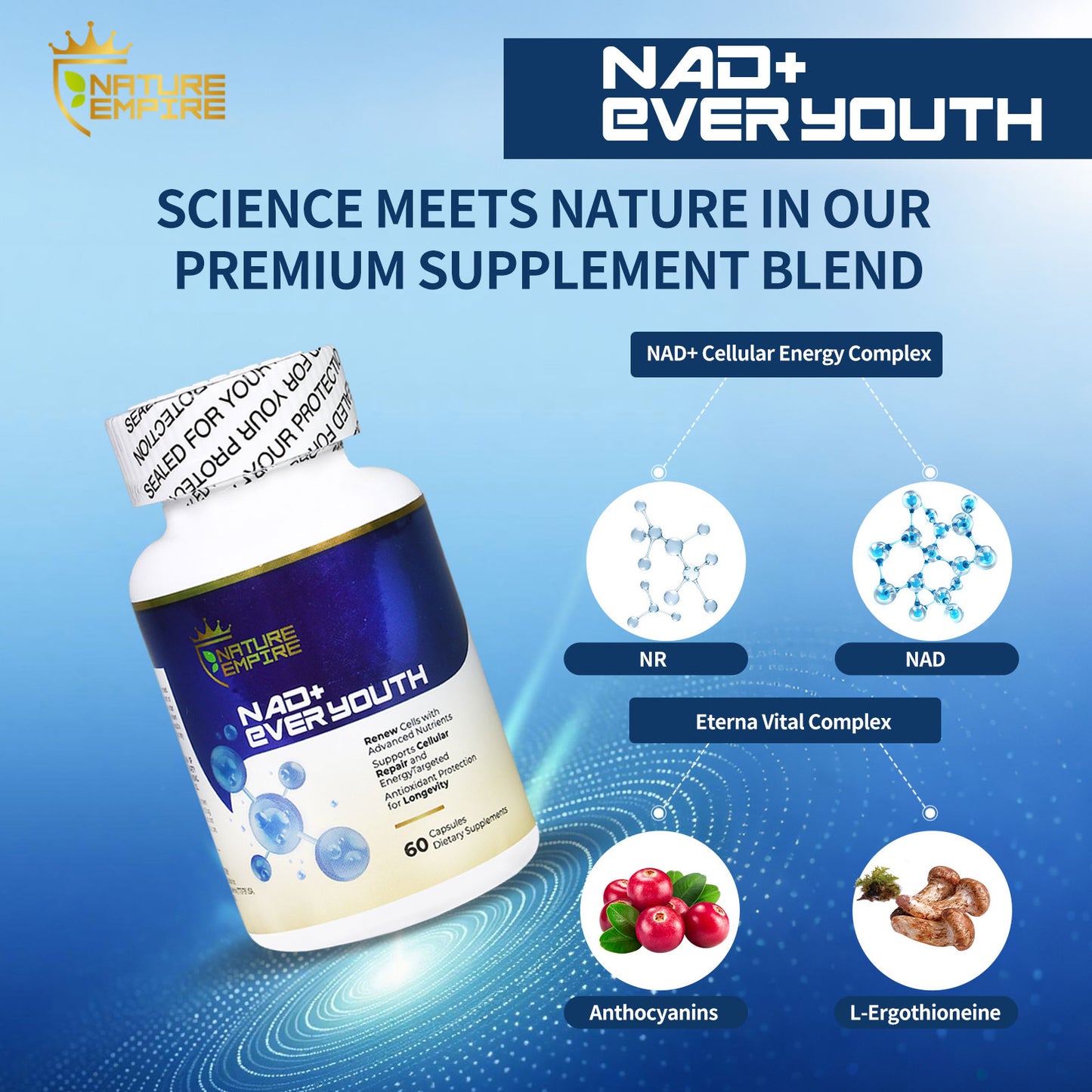 Nature Empire NAD+ EVER YOUTH – Cellular Renewal Supplement with Nicotinamide Riboside (NR) & NAD+, Antioxidant Support for Energy & Longevity, 60 Vegan Capsules