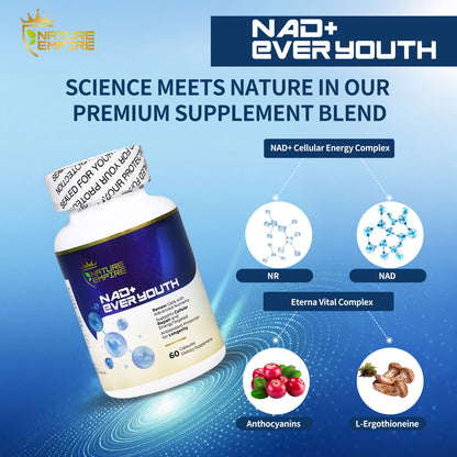 Nature Empire NAD+ EVER YOUTH – Cellular Renewal Supplement with Nicotinamide Riboside (NR) & NAD+, Antioxidant Support for Energy & Longevity, 60 Vegan Capsules