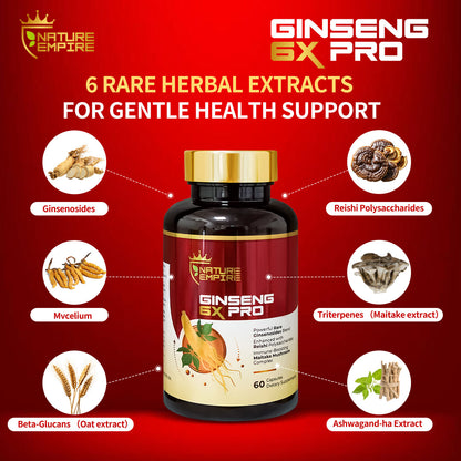 Nature Empire Ginseng 6X Pro - 16 Rare Ginsenosides & Reishi Mushroom Complex, Immune Support Supplement with Maitake Beta-Glucans, Herbal Energy Booster, 60 Vegetarian Capsules