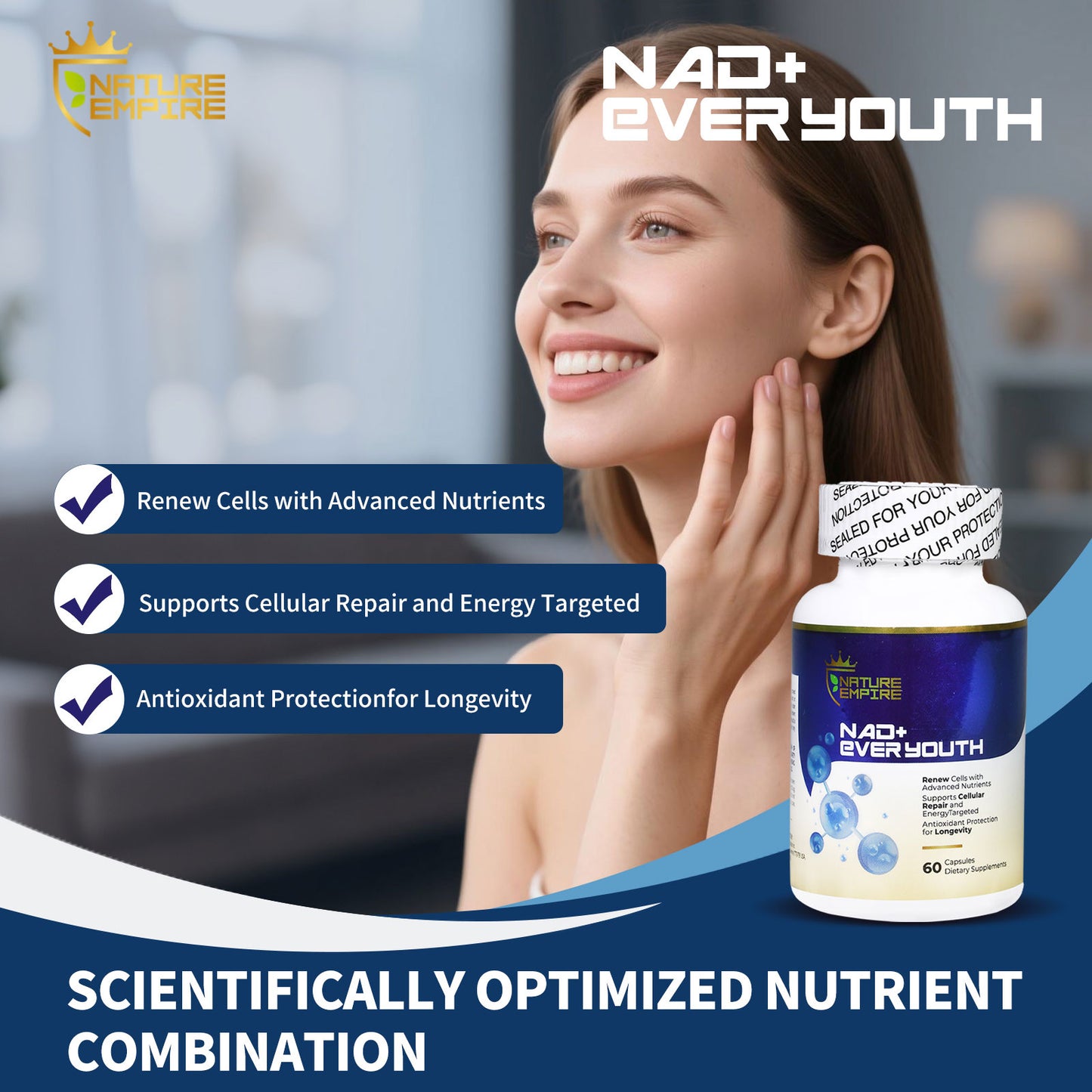 Nature Empire NAD+ EVER YOUTH – Cellular Renewal Supplement with Nicotinamide Riboside (NR) & NAD+, Antioxidant Support for Energy & Longevity, 60 Vegan Capsules