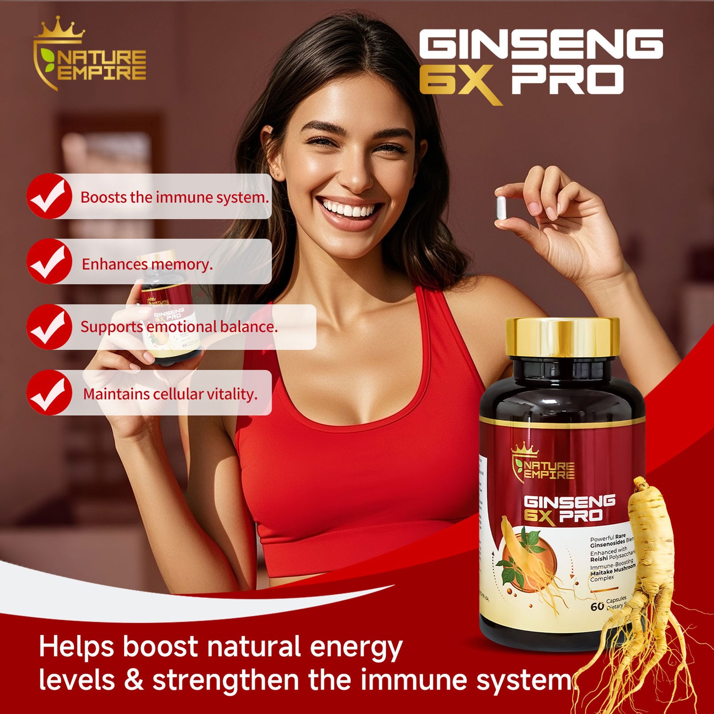Nature Empire Ginseng 6X Pro - 16 Rare Ginsenosides & Reishi Mushroom Complex, Immune Support Supplement with Maitake Beta-Glucans, Herbal Energy Booster, 60 Vegetarian Capsules