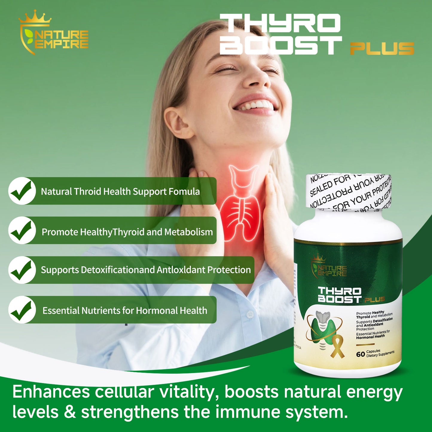 Nature Empire Thyro Boost Plus - Thyroid Support Supplement with Selenium & Iodine, Metabolism & Detox Blend, 60 Vegan Capsules